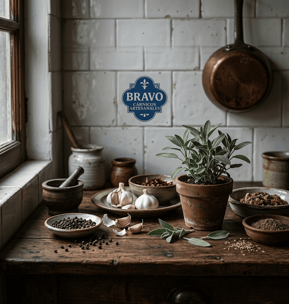 Cocina artesanal BRAVO con ingredientes sobre una mesa